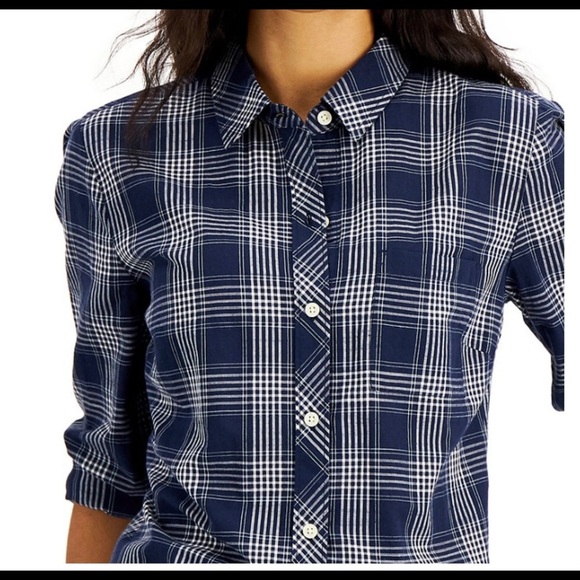 STYLE & CO boyfriend plaid blue long sleeve navy blue -white button down shirt/M - Picture 2 of 9